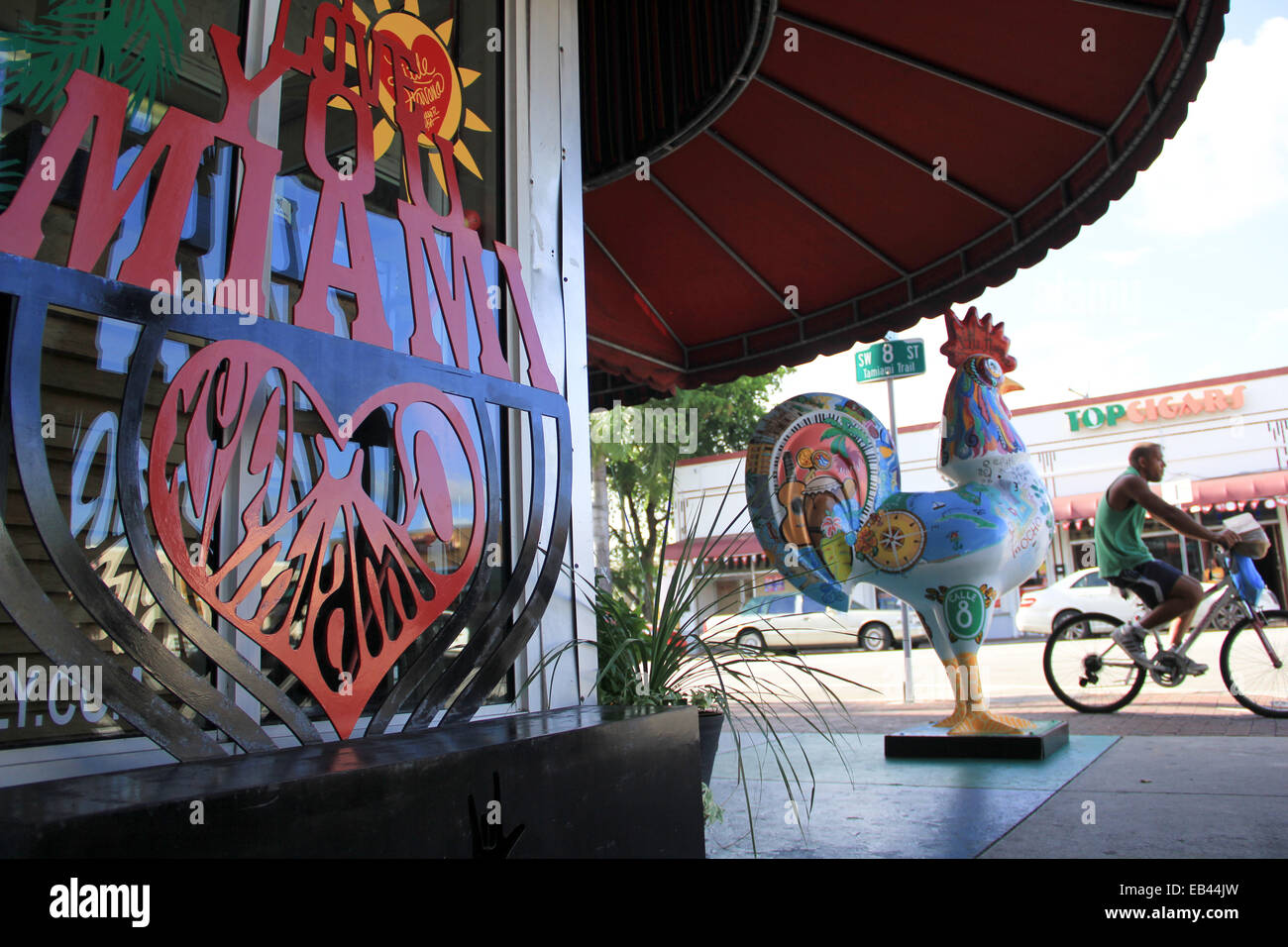 A cyclist passes a wooden sculpture of a rooster in the Little Havana neighborhood of Miami, Florida. Stock Photo