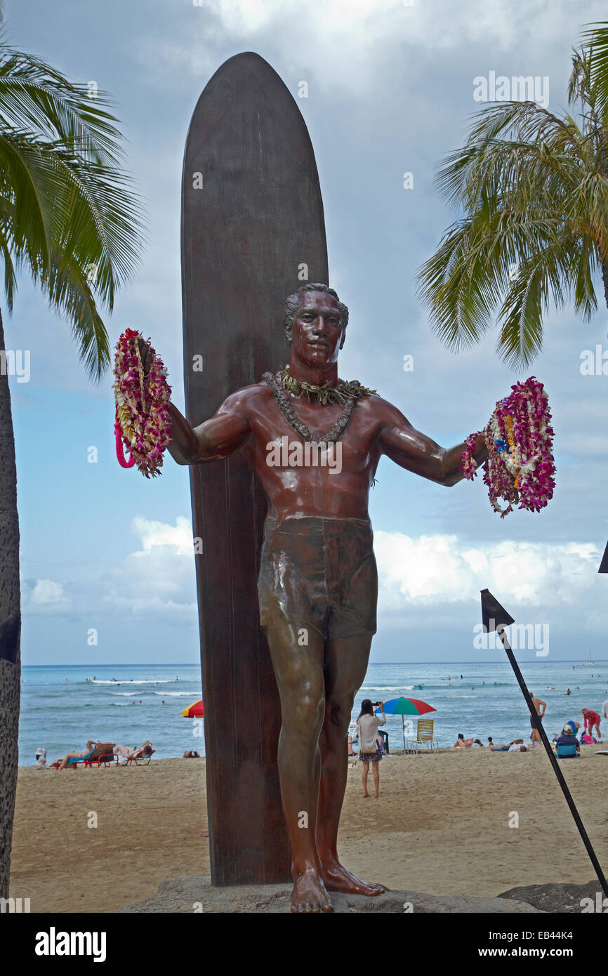 Duke Kahanamoku Statue, Waikiki Beach, Honolulu, Oahu, Hawaii, USA Stock Photo