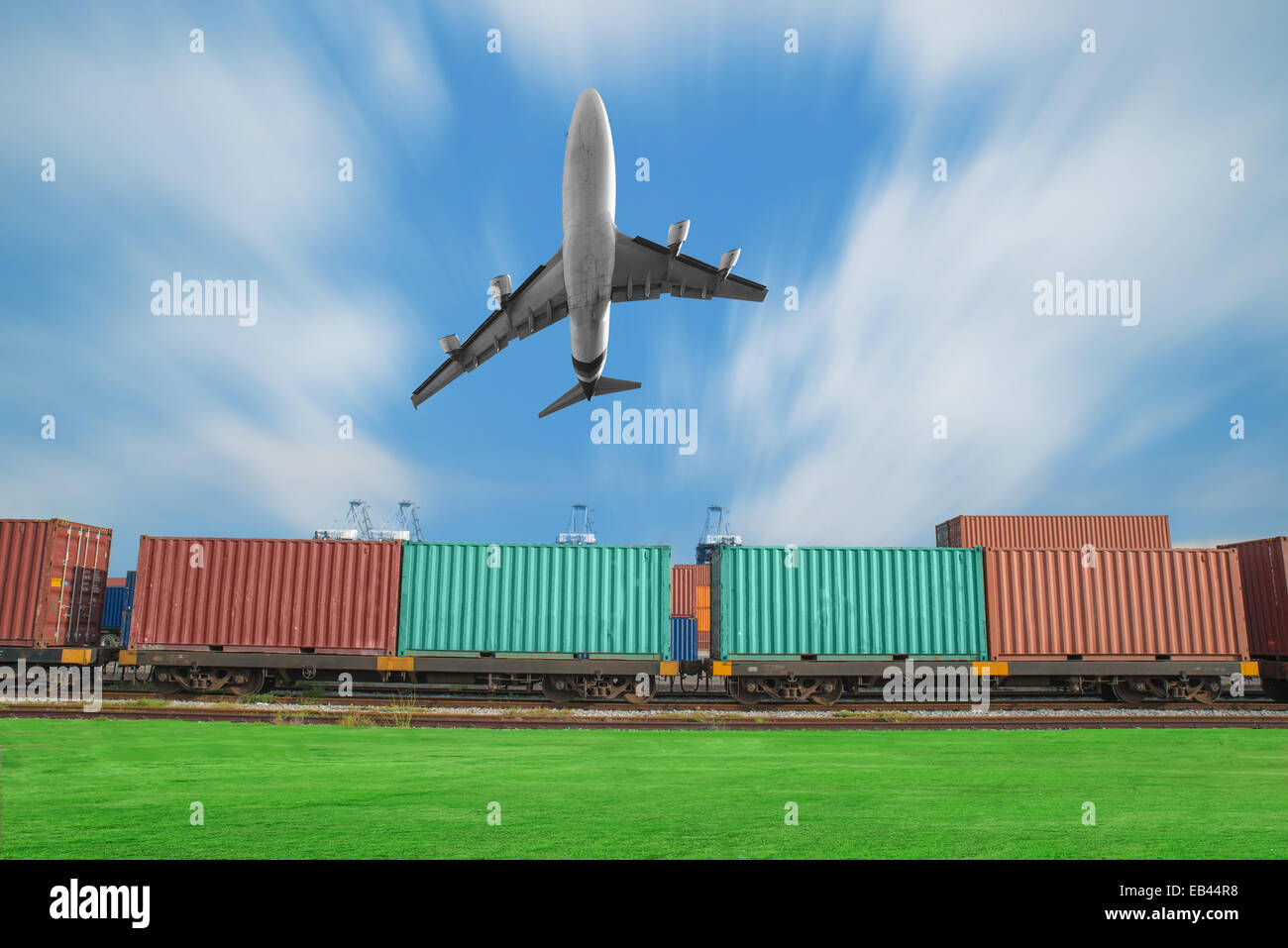 Freight trains in dock with airplane for  logistics background Stock Photo