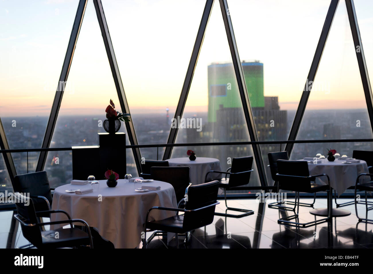 Interior of the Searcys restaurant and entertaining space at 30 St Mary Axe in London, otherwise known as The Gherkin, designed Stock Photo