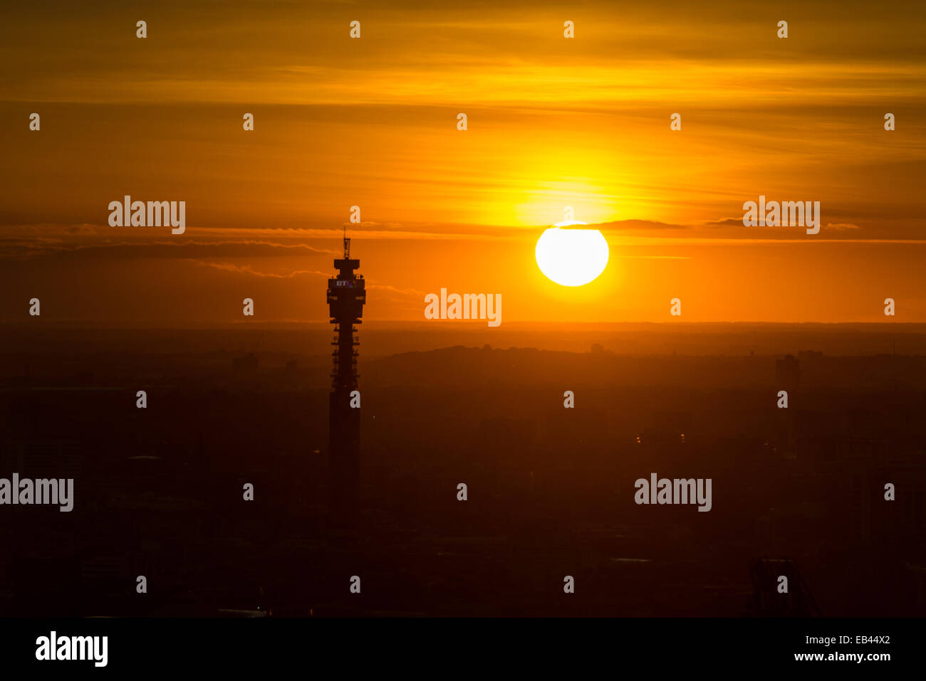 BT Tower (formerly Post Office Tower) viewed from the Gherkin at sunset, London. Stock Photo