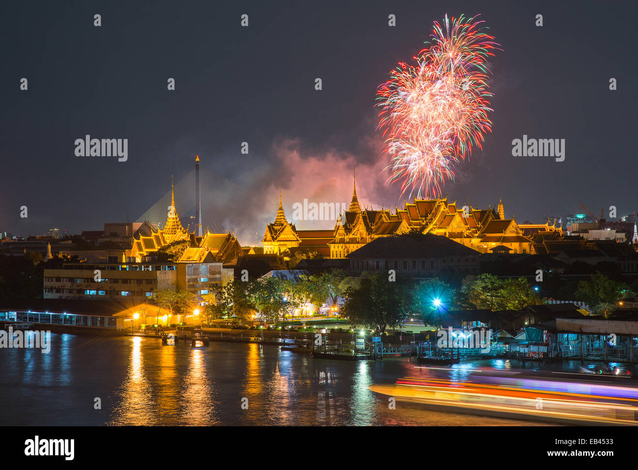 Grand palace at twilight with Colorful Fireworks (Bangkok, Thailand) Stock Photo