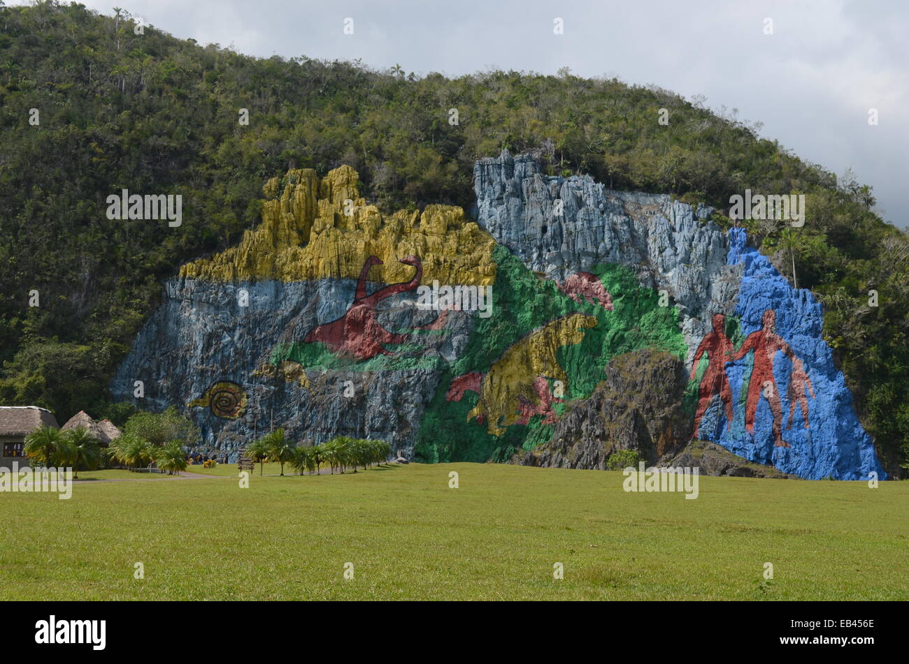 Mural de la Prehistoria, a giant mural painted on a cliff face in the Vinales area of Cuba. Stock Photo