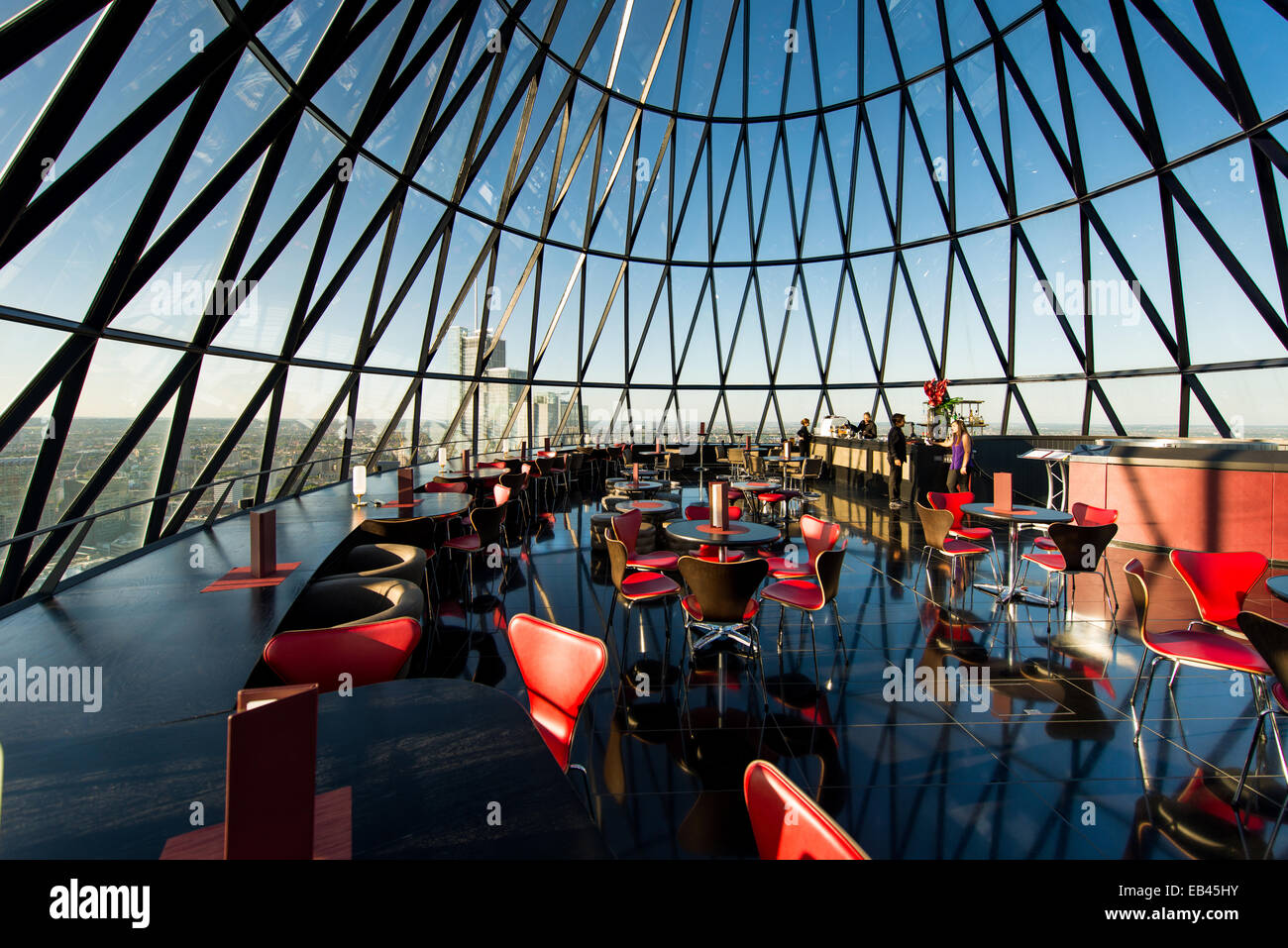 Interior of the Searcys restaurant and entertaining space at 30 St Mary Axe in London, otherwise known as The Gherkin, designed Stock Photo