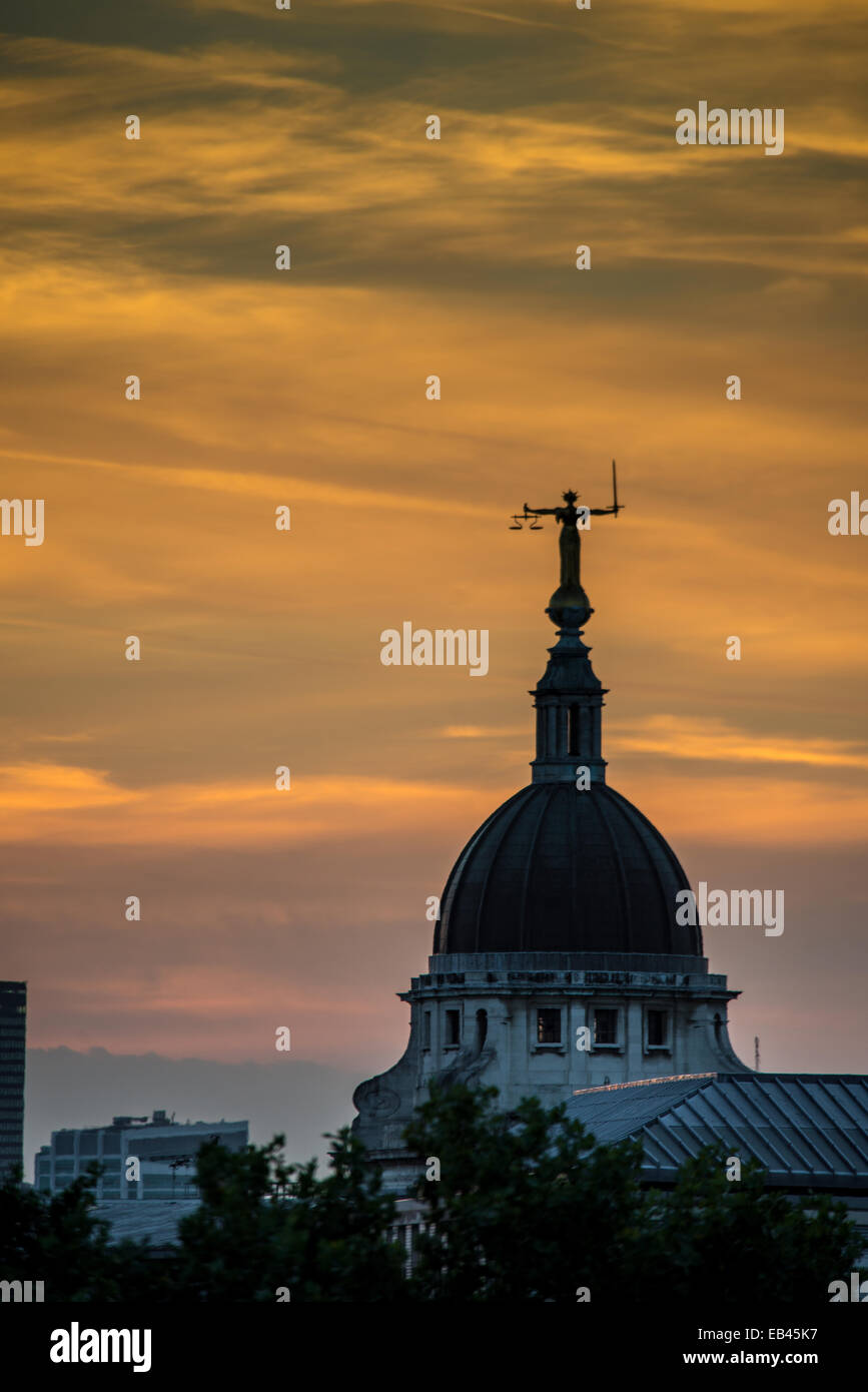 Lady Justice Statue above the Old Bailey at sunset from 1 New Change Stock Photo