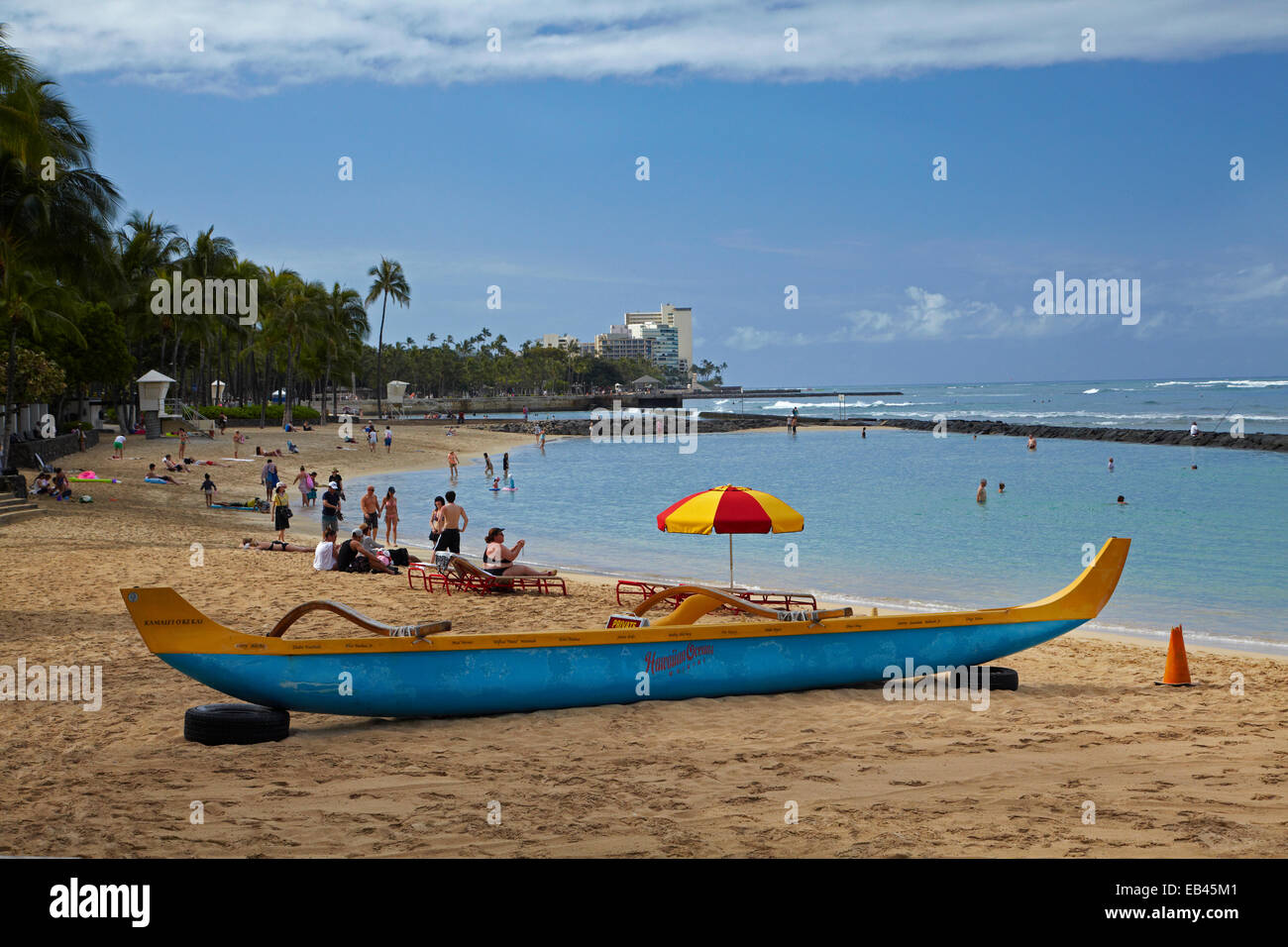 Outrigger boat, Waikiki Beach, Honolulu, Oahu, Hawaii, USA Stock Photo
