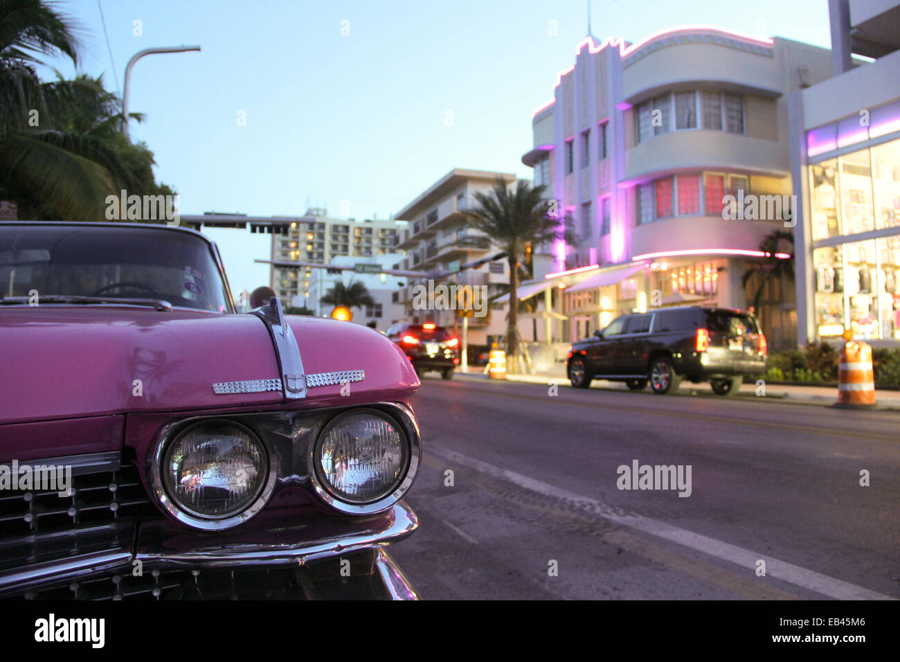 A vintage car at a touristic street in Downtown Miami, Florida Stock