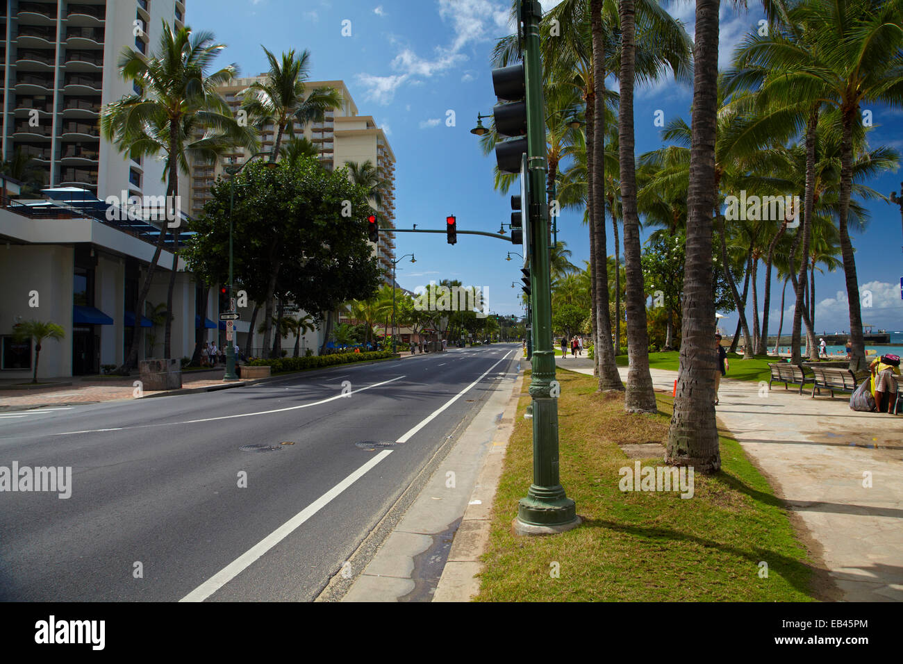 Kalakaua Ave, and Waikiki Beach, Honolulu, Oahu, Hawaii, USA Stock