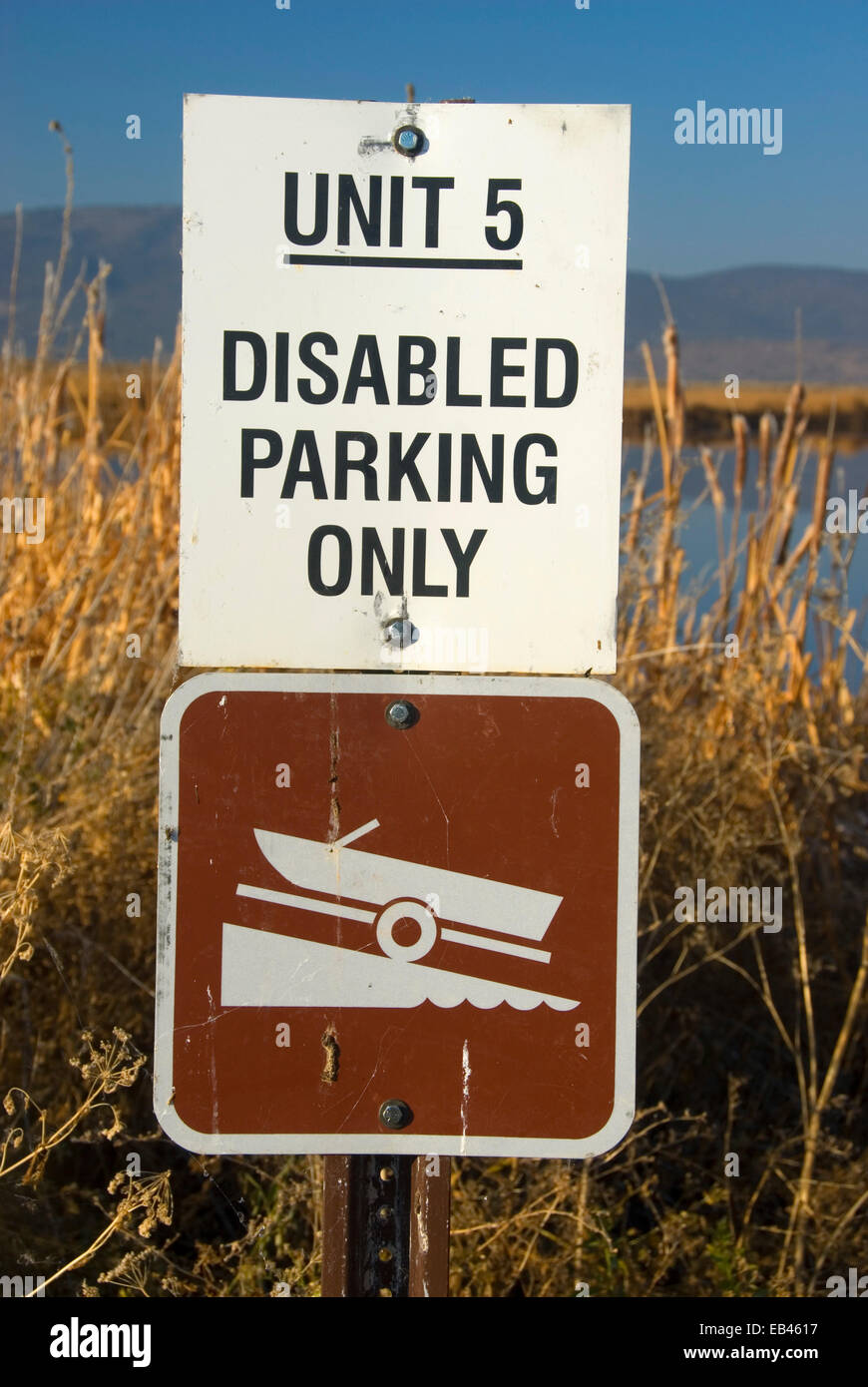 Disabled parking sign, Lower Klamath National Wildlife Refuge, California Stock Photo