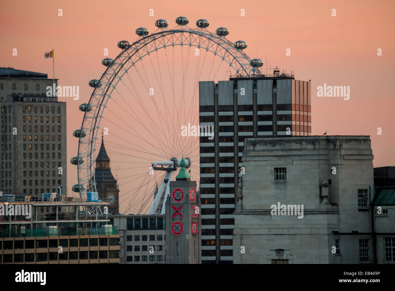London Eye, Shell Building, Big Ben, OXO Tower, ITV Towers from roof of 1 New Change Stock Photo