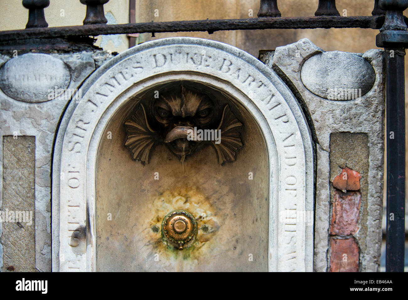 Water fountain, St Dunstan's in the West, 1848. Inscription: The gift of Sir James Duke Bart MP, ald. of this ward Stock Photo