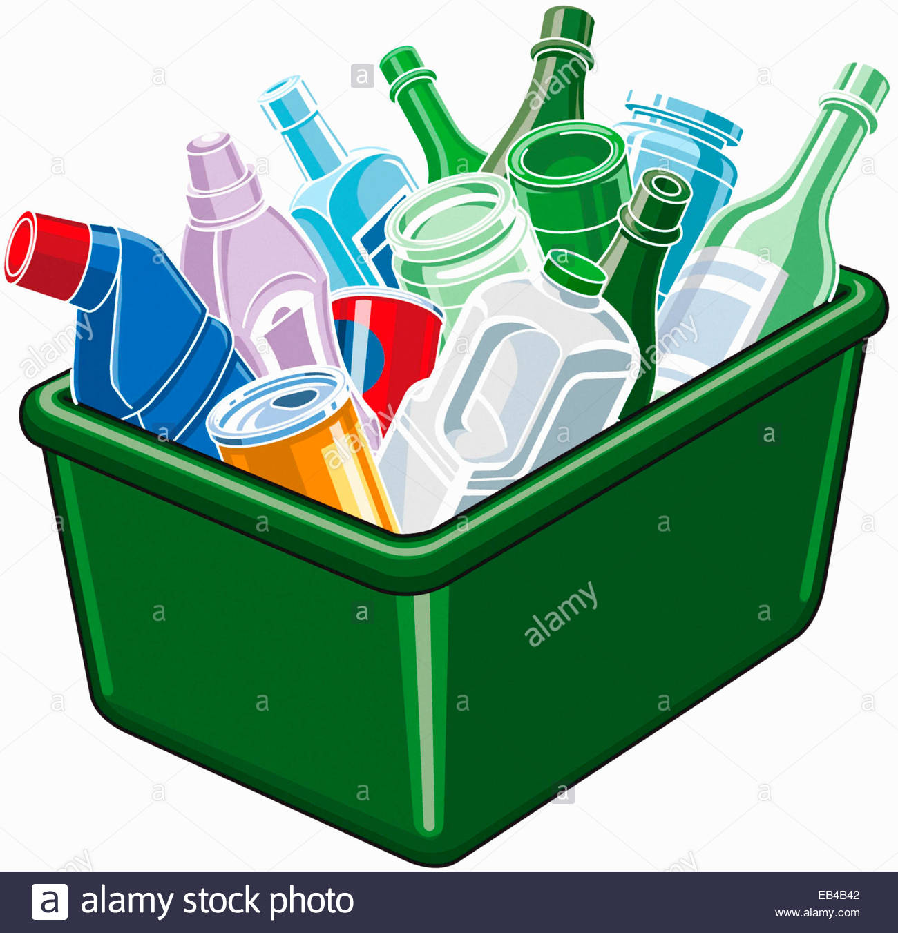Plastic, cans and glass in green recycling bin Stock Photo 75699234