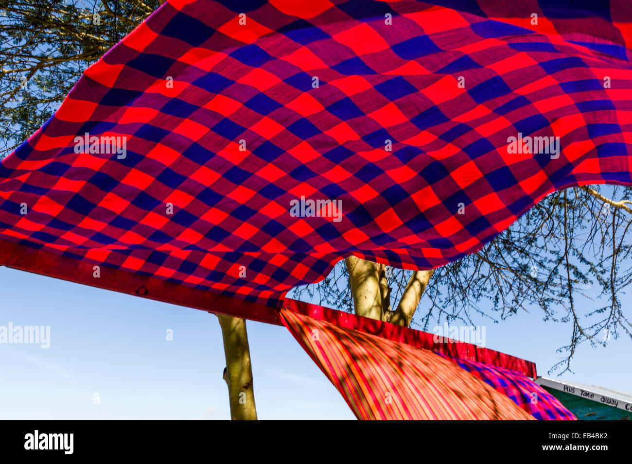 Blue and red checkered cloth known as Matavuvale are worn by the Maasai and sold to tourists as souvenirs. Stock Photo