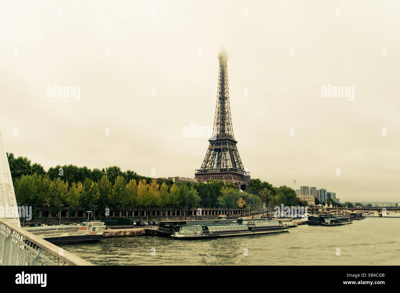 View of the Eiffel Tower and bridge “Pont d’Elena” from the Passerelle