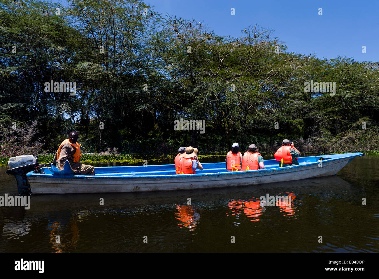 Tourists wearing life-jackets explore the shoreline of Lake Naivasha in a motorboat. Stock Photo