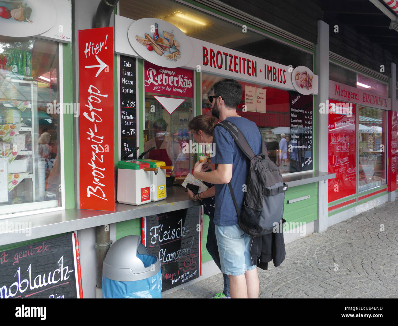 Brotzeit Sandwiches Time Fastfood Sausage Viktualienmarkt open air market Munich Germany Europe Stock Photo