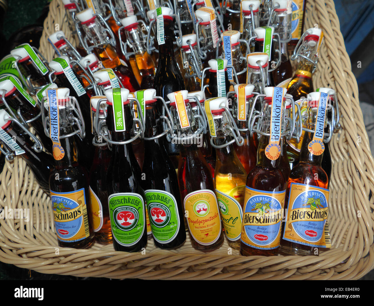 Alcohol Beer liquer sale Viktualienmarkt open air market Munich Germany Europe Stock Photo