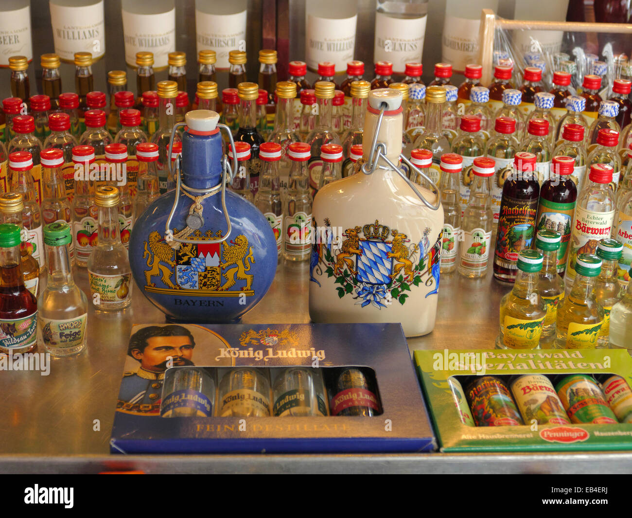 Alcohol Beer liquer sale Viktualienmarkt open air market Munich Germany Europe Stock Photo