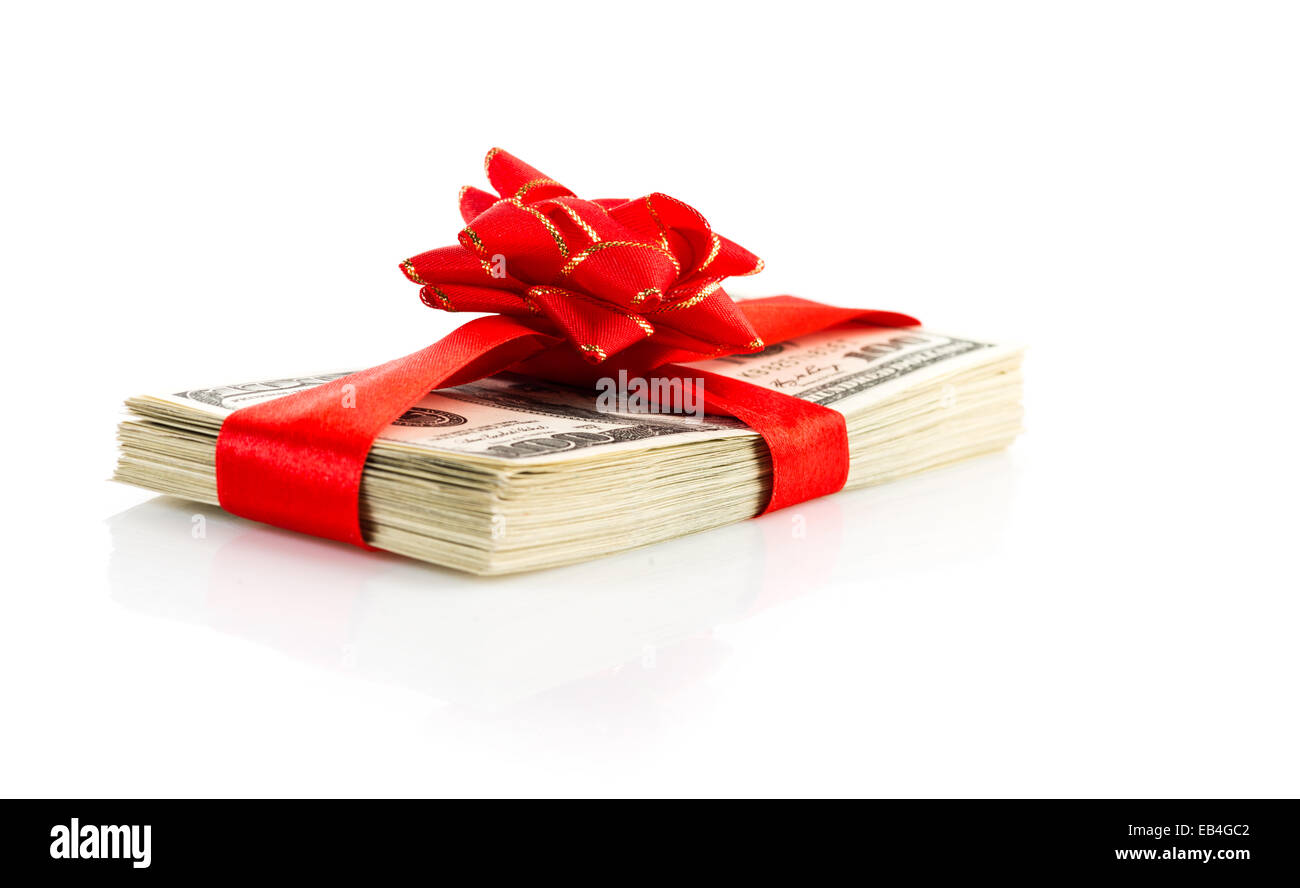 Money gift (big stack of dollars with red bow isolated on white background Stock Photo Alamy