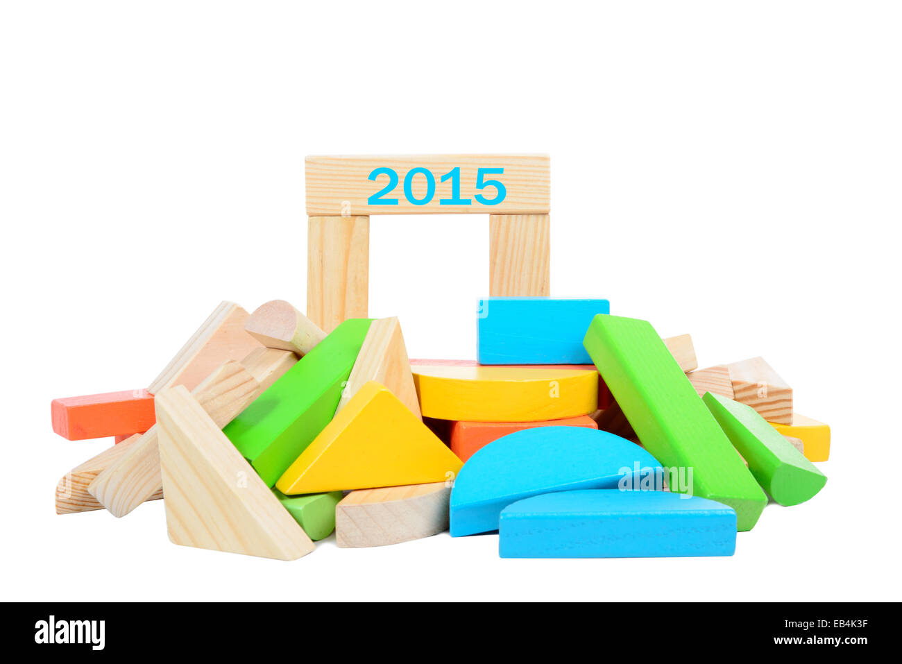 Wooden construction toy 2015 on white background Stock Photo