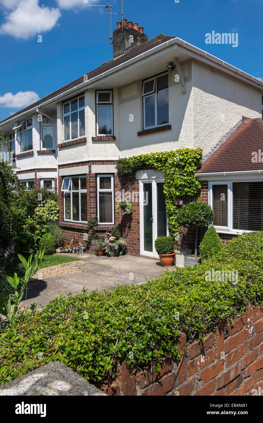 Pair of well-kept suburban semi-detached houses  in Cardiff, Wales capital city, UK Stock Photo
