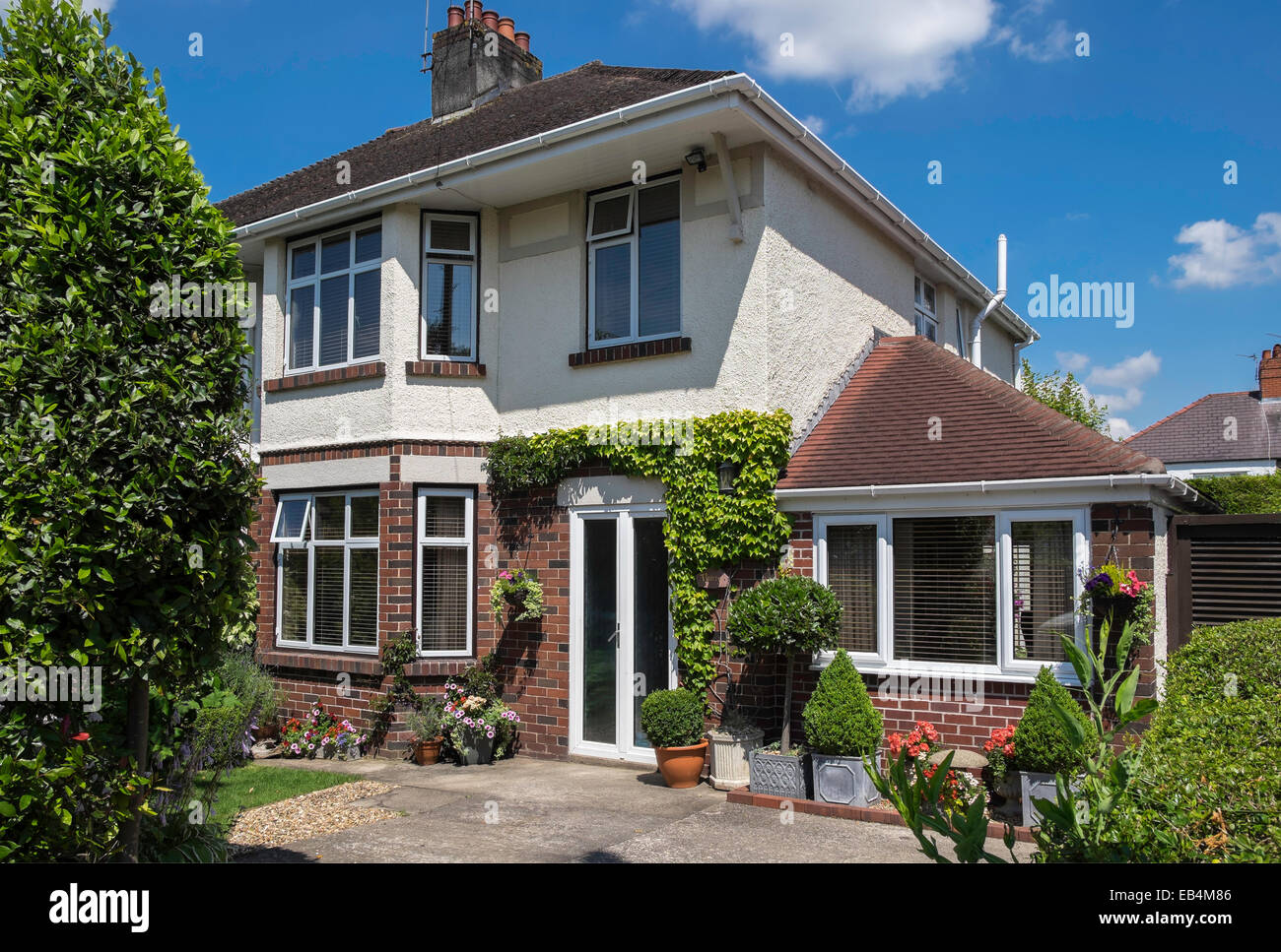 Suburban semi-detached house showing front of house with paved driveway and potted shrubs and plants. Cardiff Wales UK Stock Photo