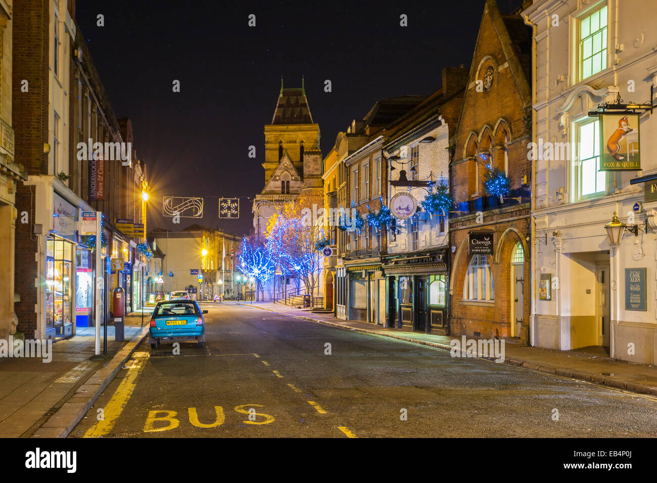 St Giles Street and Guildhall Northampton with the Christmas Lights on