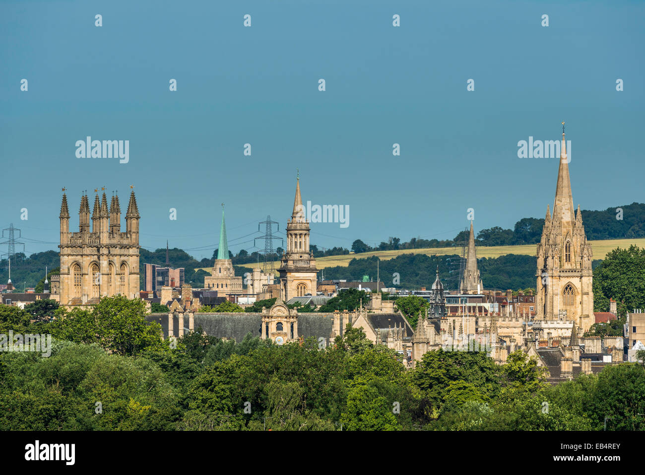 The dreaming spires of Oxford University including Nuffield College, University Church of St Mary and Merton College seen from S Stock Photo