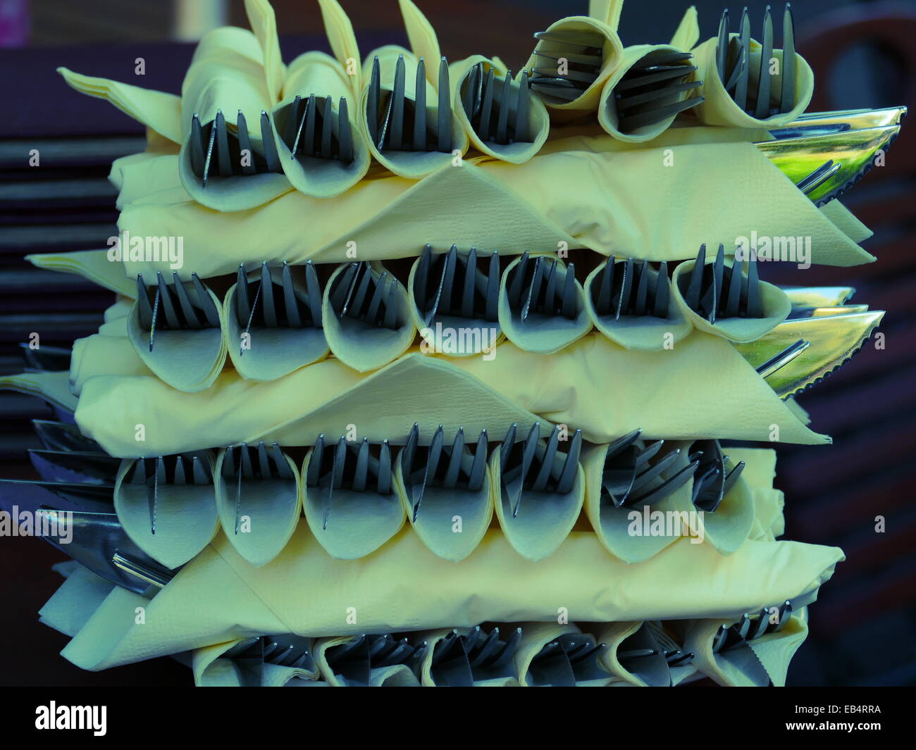 Knife and Fork wrap up in paper handkerchief Stock Photo Alamy