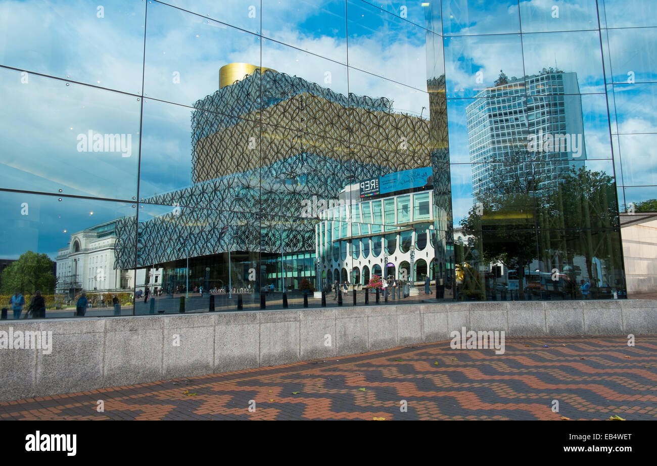 Library of Birmingham and Repertory Theatre reflected in ICC windows, Centenary Square, Birmingham, England. Stock Photo