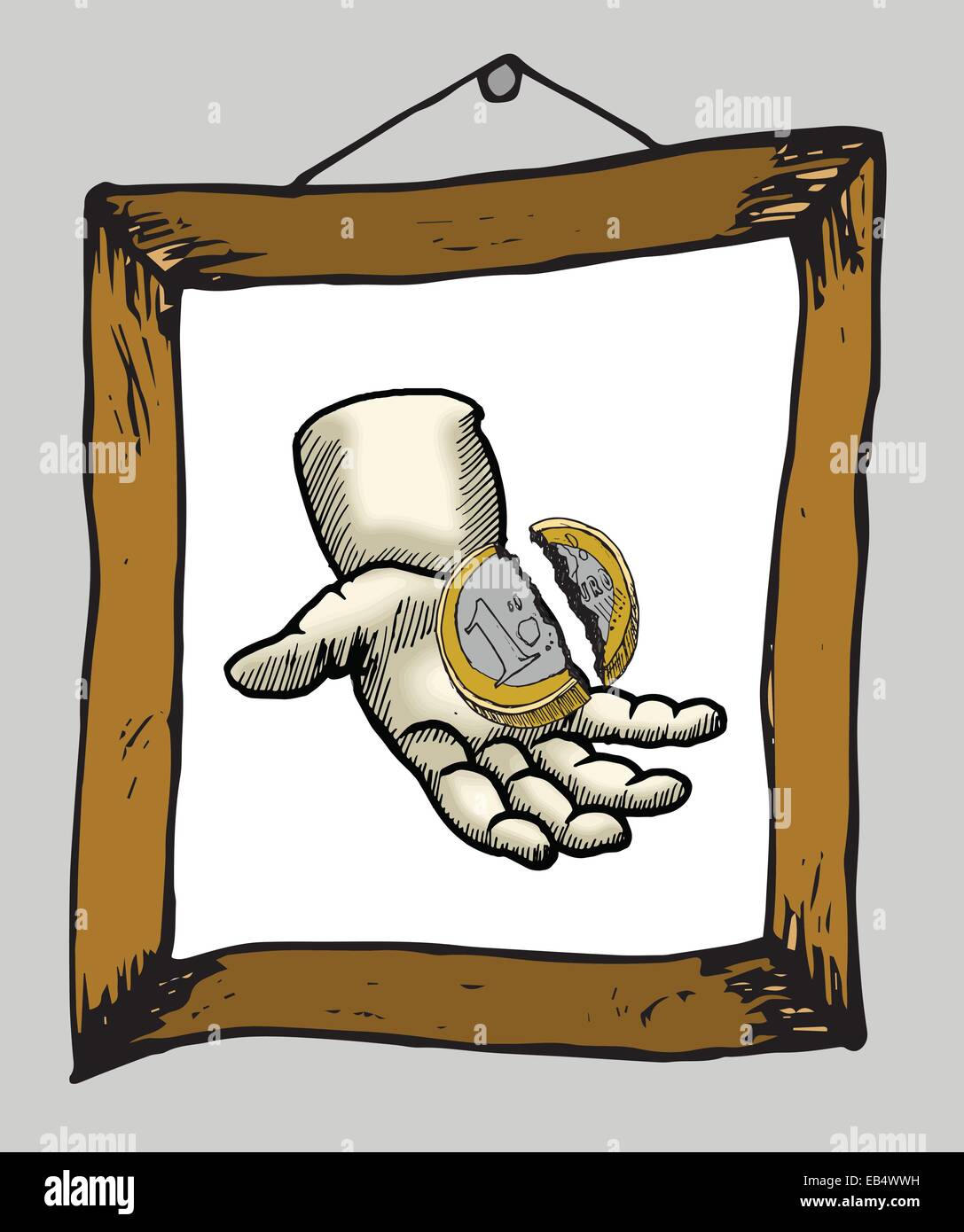 Hand holding broken euro coin in picture frame Stock Vector