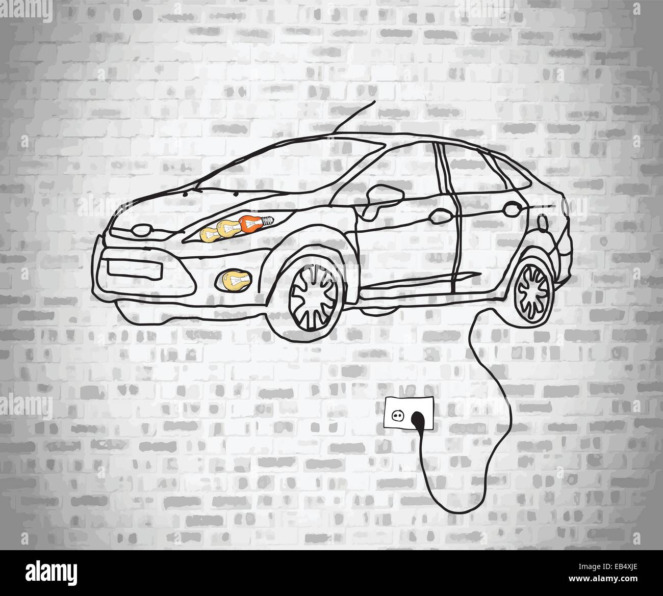 Electric car doodle plugged into wall Stock Vector