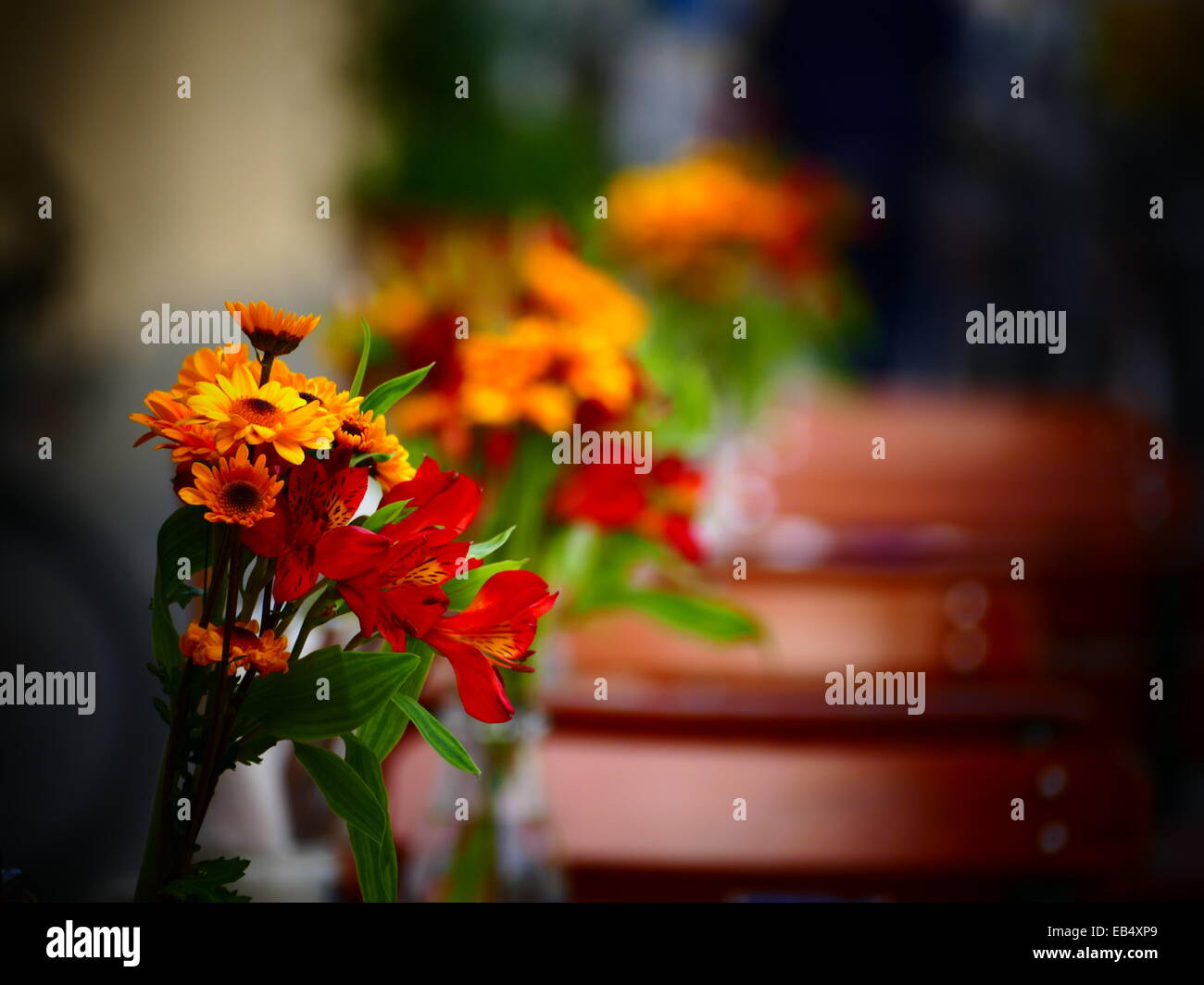 Bunch of flowers decorated on restaurant table Stock Photo