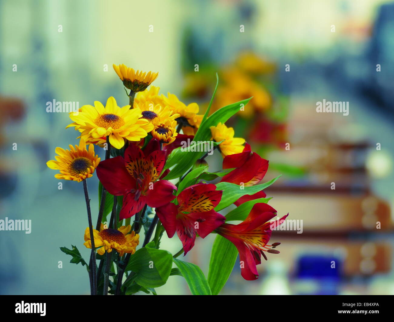 Bunch of flowers decorated on restaurant table Stock Photo