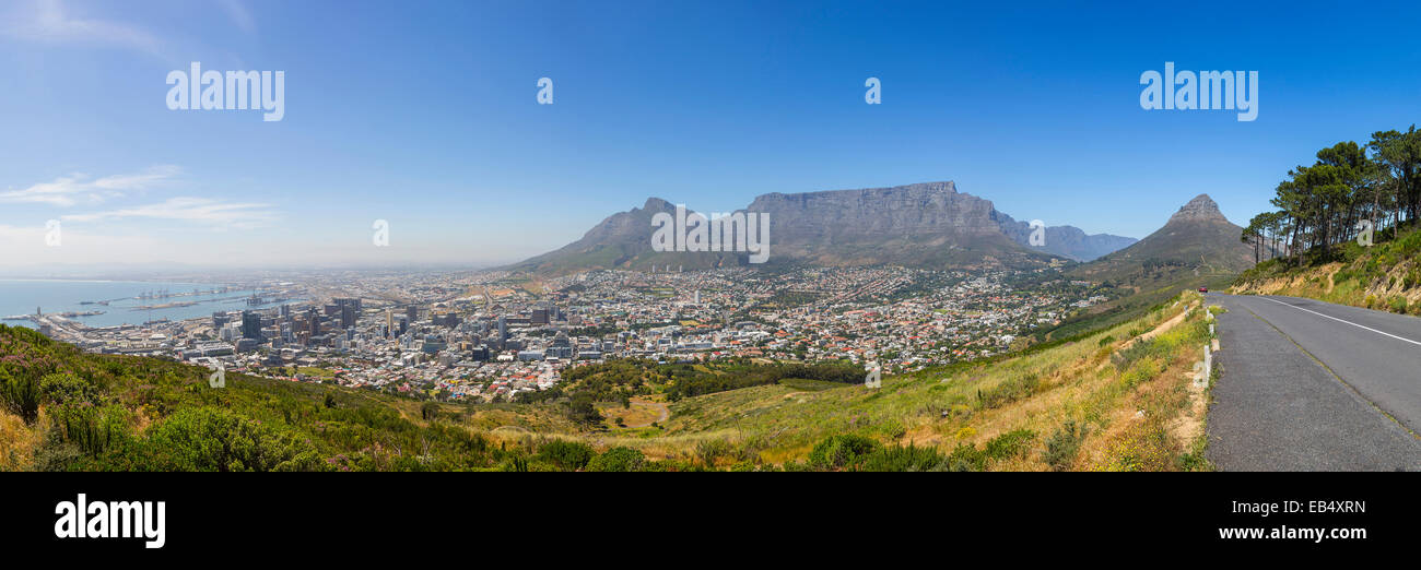 Table Mountain, Lion's Head and Cape Town Harbour Panorama on a sunny day Stock Photo