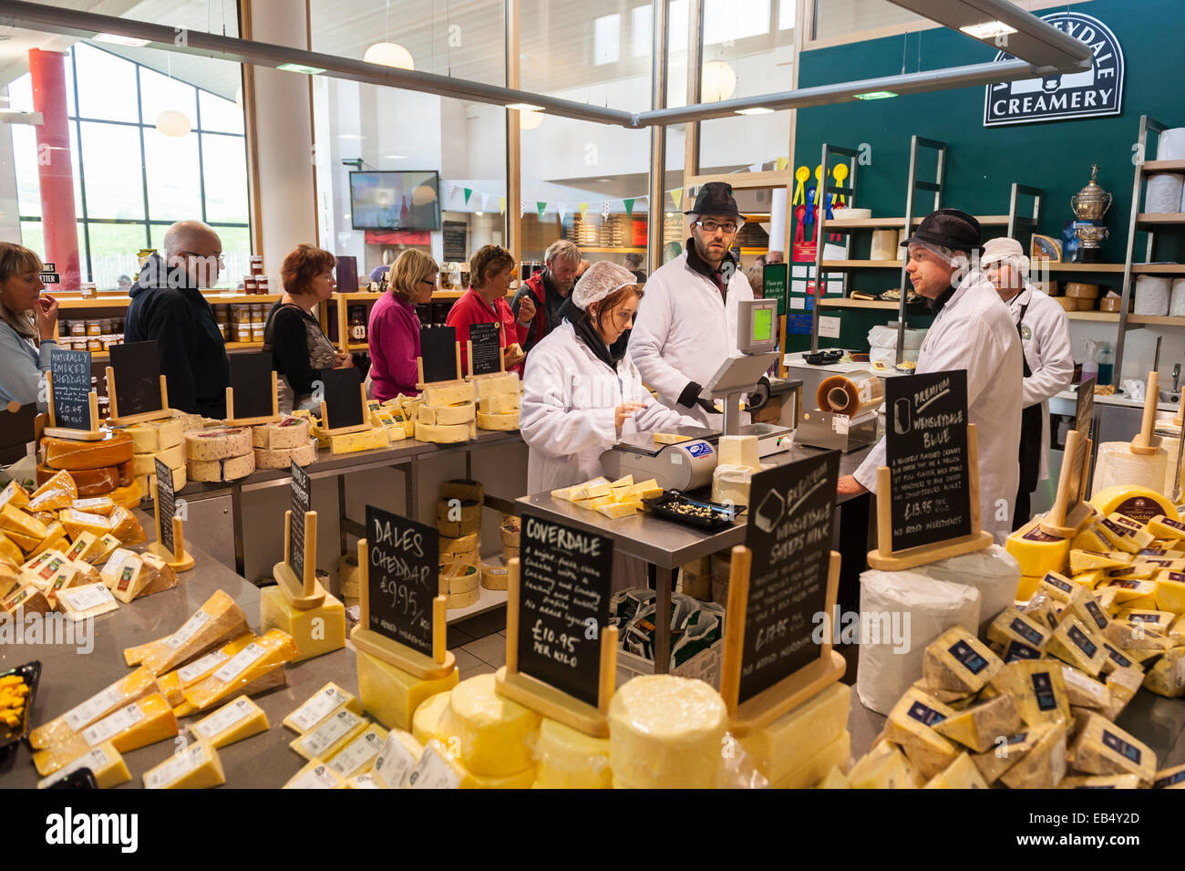 Cheese for sale in the Wensleydale creamery at Hawes , Wensleydale ,  in the Yorkshire Dales in Yorkshire , England , Britain , Stock Photo