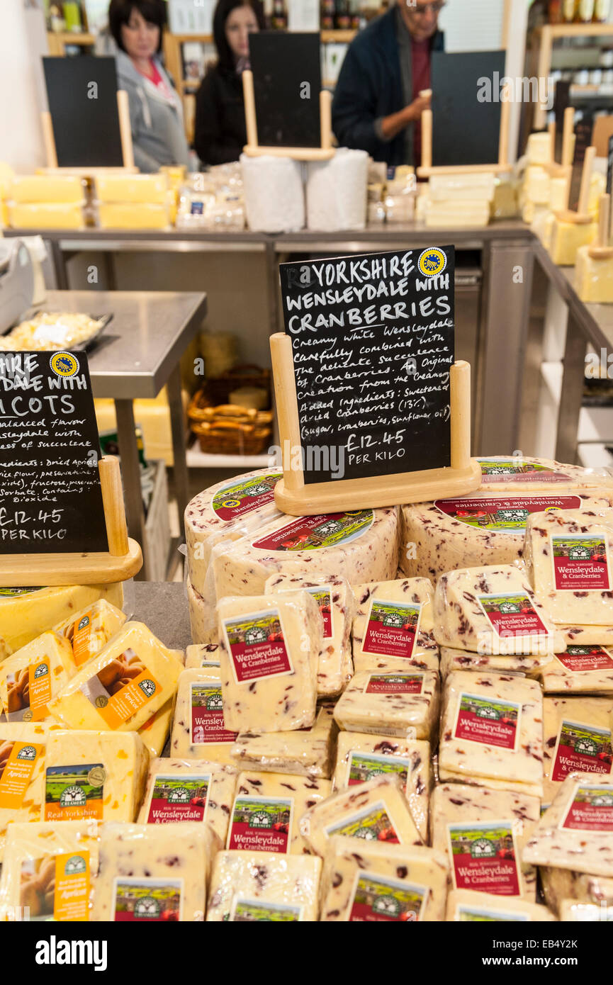 Cheese for sale in the Wensleydale creamery at Hawes , Wensleydale ,  in the Yorkshire Dales in Yorkshire , England , Britain , Stock Photo