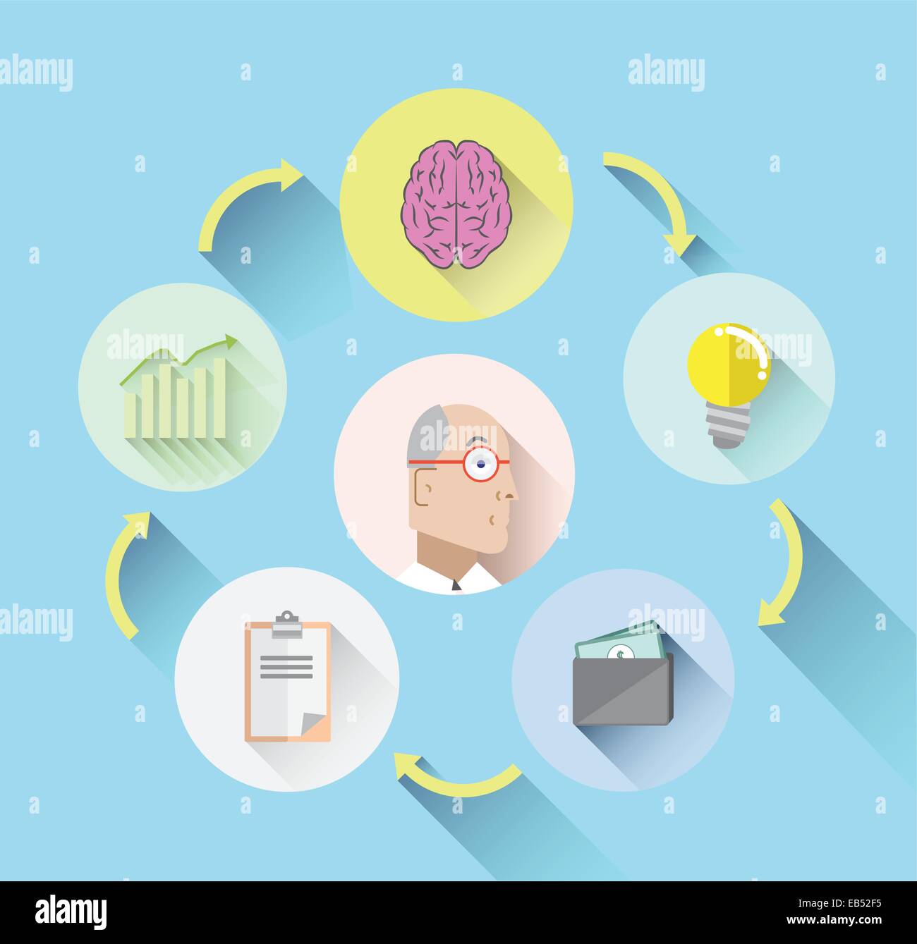 Businessmans thought process concept on blue Stock Vector