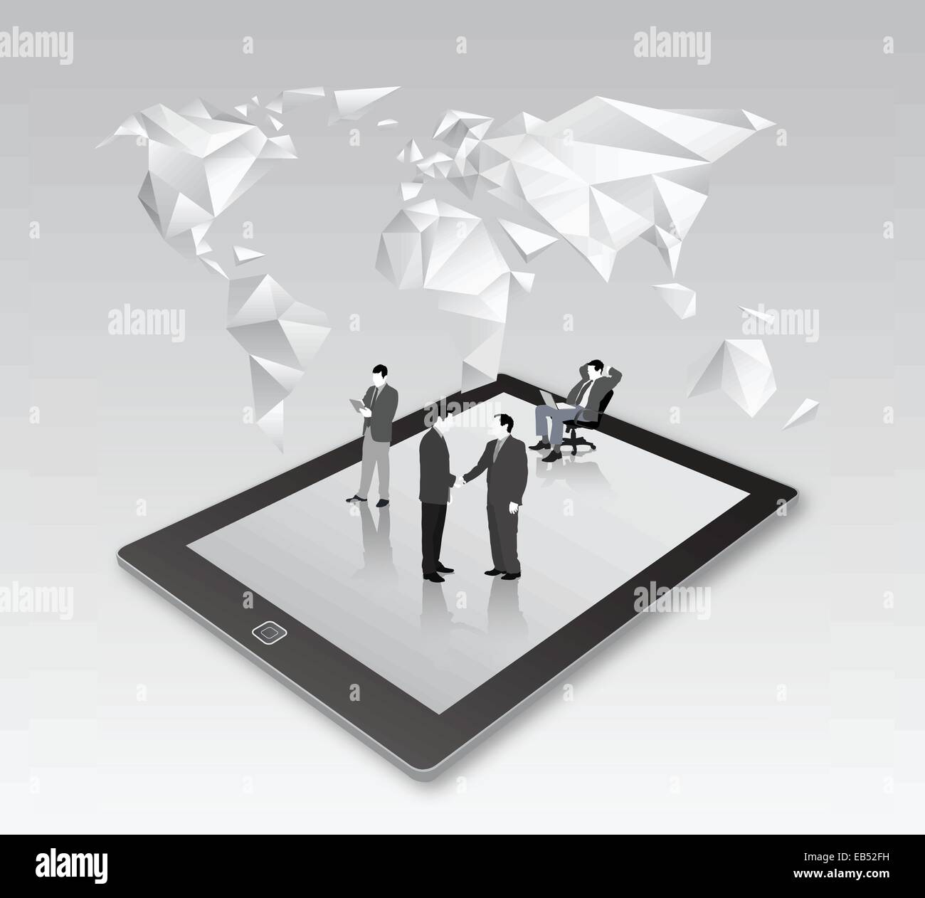 Businessmen standing on tablet with map Stock Vector