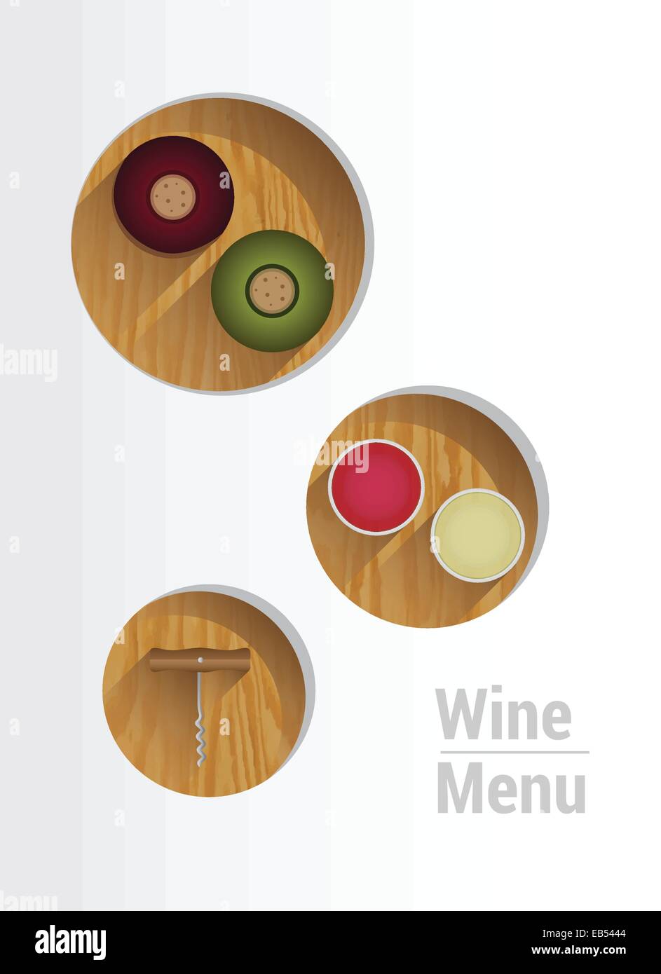 Wine menu with cut out circles showing wine crackers and corkscrew Stock Vector