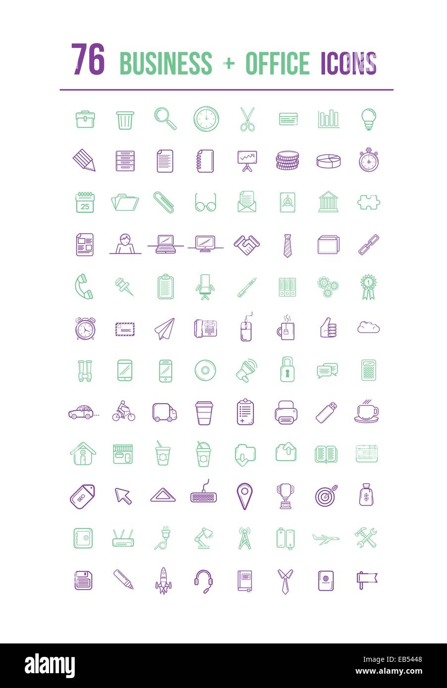Business and office icons in purple and green Stock Vector