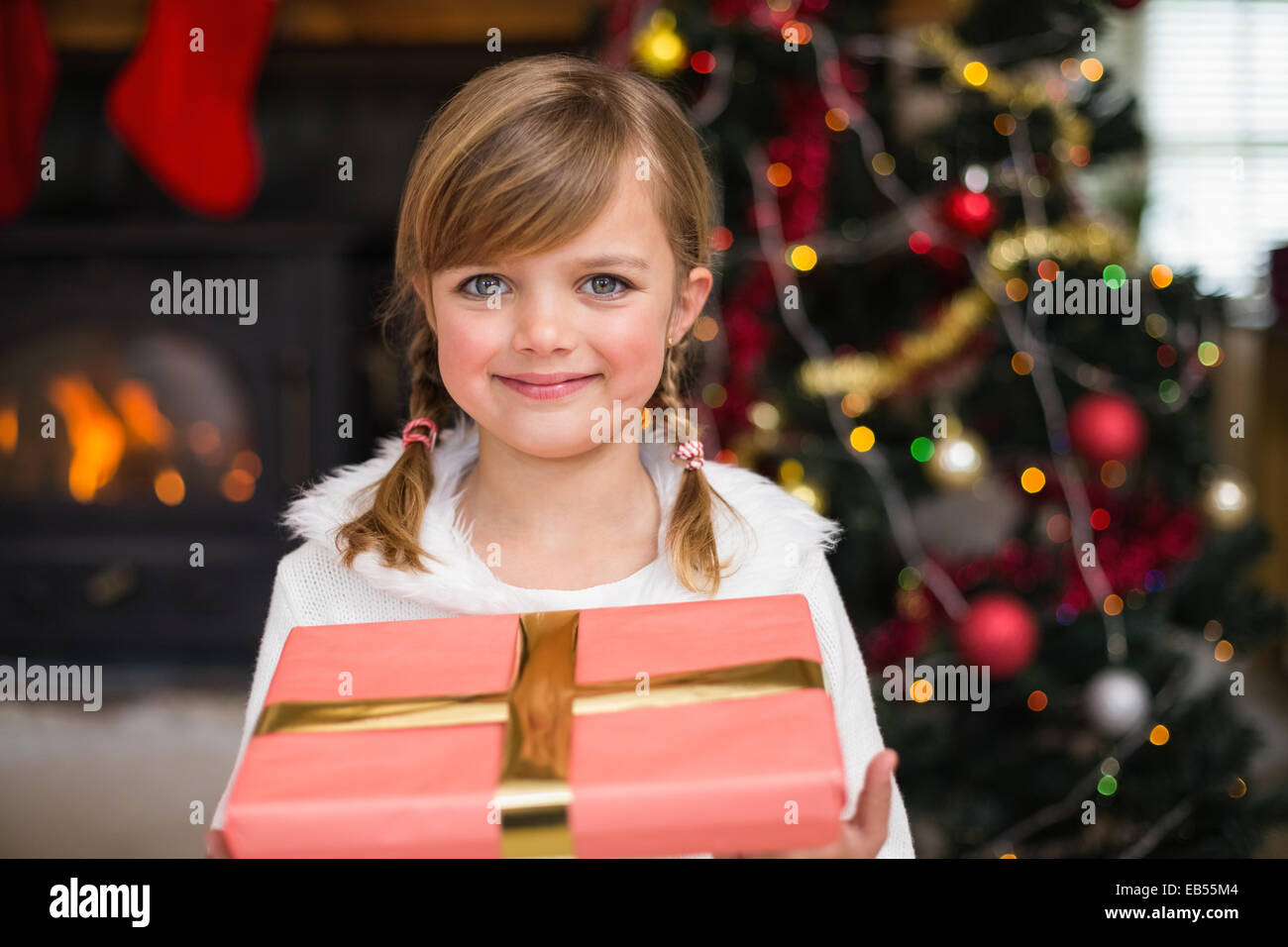 Portrait of a smiling little girl holding a wrapped gift Stock Photo ...