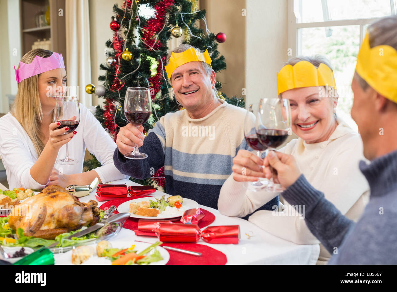 Family in party hat toasting at christmas dinner Stock Photo Alamy