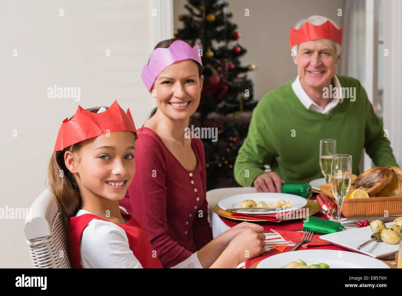 Smiling extended family in party hat at dinner table Stock Photo Alamy