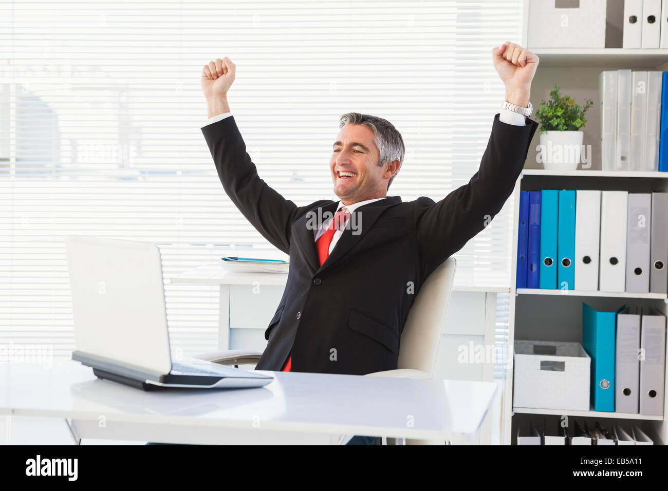 Cheering businessman at his desk Stock Photo - Alamy