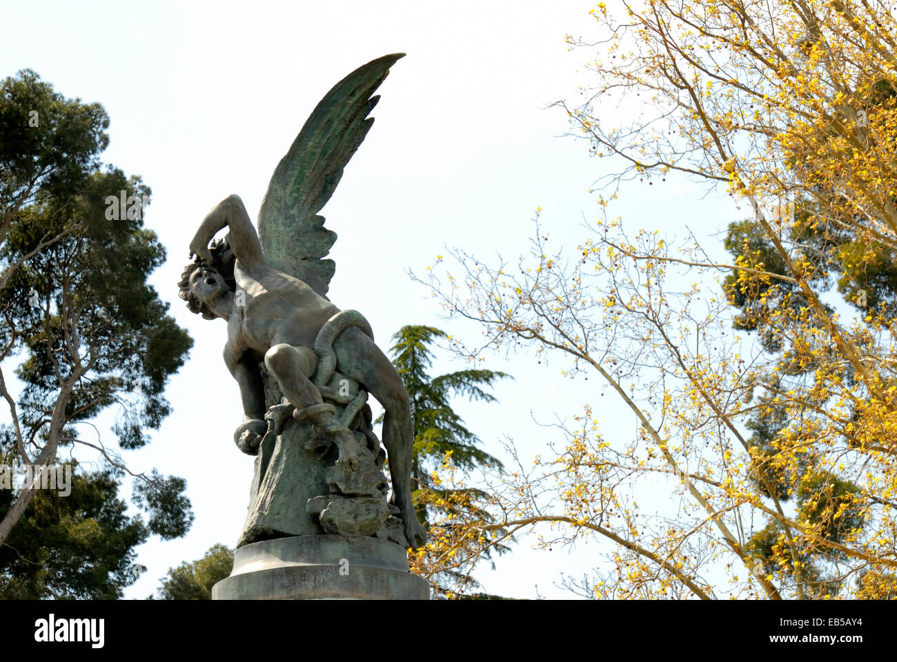 Madrid, Spain. Parque del Retiro (park). Statue: Monumento al Angel Caido / the  Fallen Angel. (1878; Ricardo Bellver) Stock Photo
