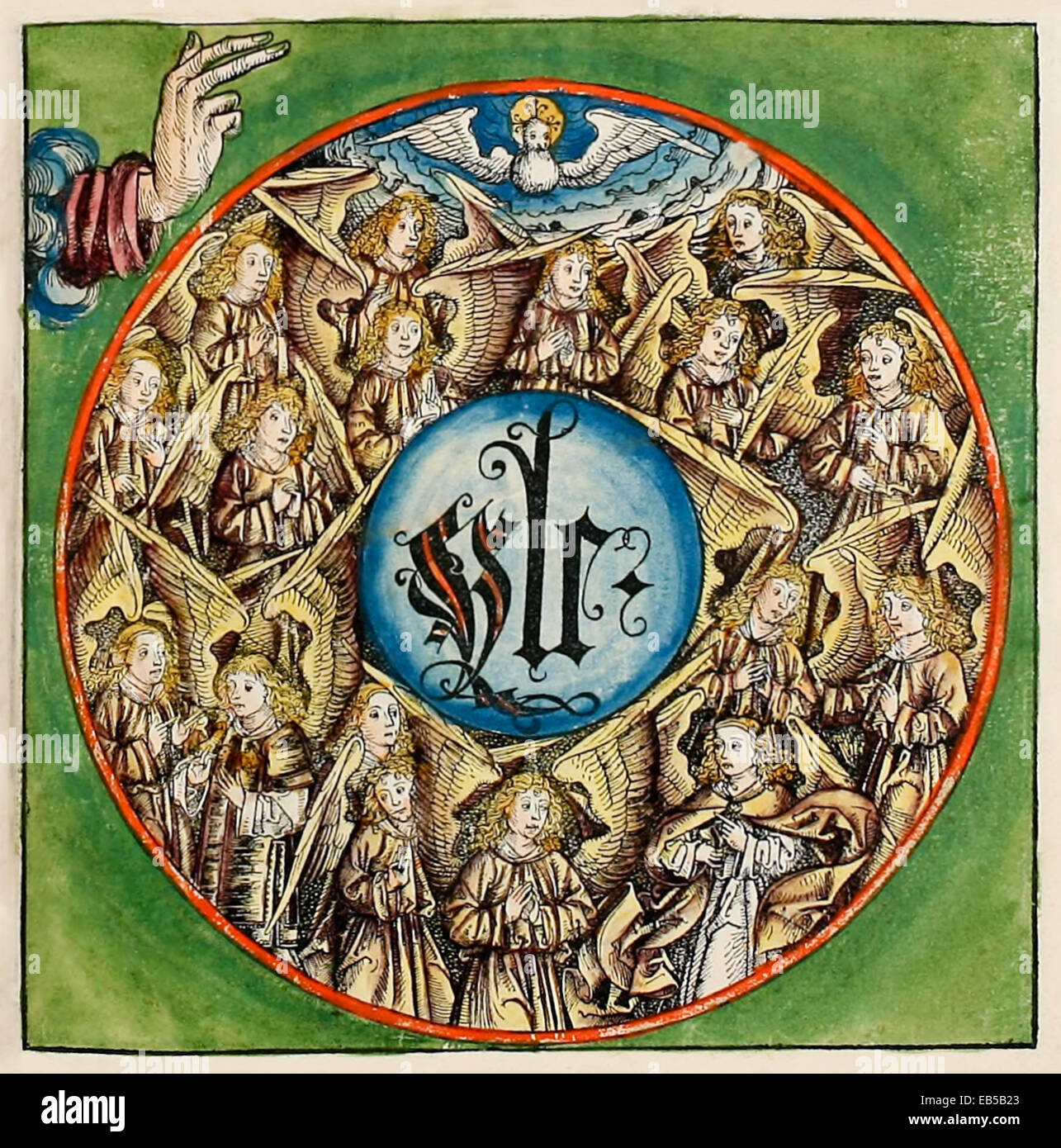 The Heavenly Chorus, God creating the angels. From 'Nuremberg Chronicle' or 'Liber Chronicarum' by Hartmann Schedel (1440-1514). See description for more information. Stock Photo