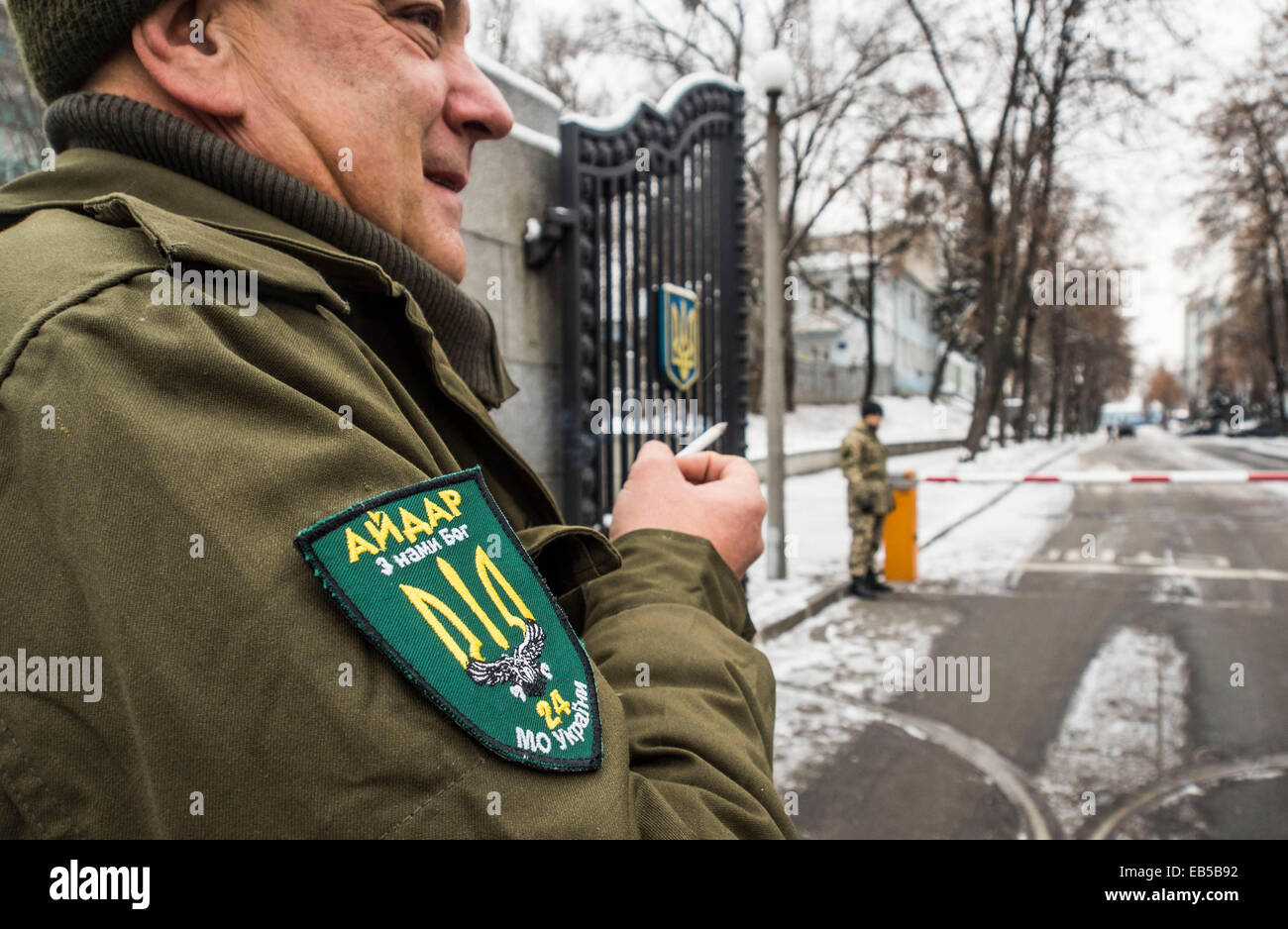 Kiev, Ukraine. 26th November, 2014. In connection with the election of Sergei Melnychuk people's deputy, instead acting battalion commander 'Aydar' was appointed Sergei Fedorchenko. The decision was made with the support of the majority of the volunteer battalion. The appointment was formalized by the order and Sergey Fedorchenko assumed his duties.  Soldiers are concerned by this situation, and therefore it was decided to hold a rally. Credit:  Igor Golovnov/Alamy Live News Stock Photo