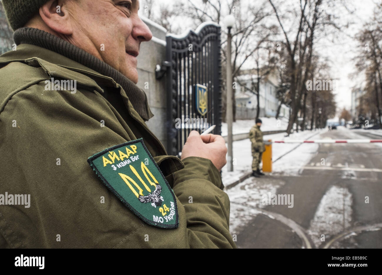 Nov. 26, 2014 - In connection with the election of Sergei Melnychuk people's deputy, instead acting battalion commander ''Aydar'' was appointed Sergei Fedorchenko. The decision was made with the support of the majority of the volunteer battalion. The appointment was formalized by the order and Sergey Fedorchenko assumed his duties..After that, contrary to current legislation and the will of the men appeared an order appointing the commander Eugene Ptashnik..Soldiers are concerned by this situation, and therefore it was decided to hold a rally. (Credit Image: © Igor Golovniov/ZUMA Wire) Stock Photo