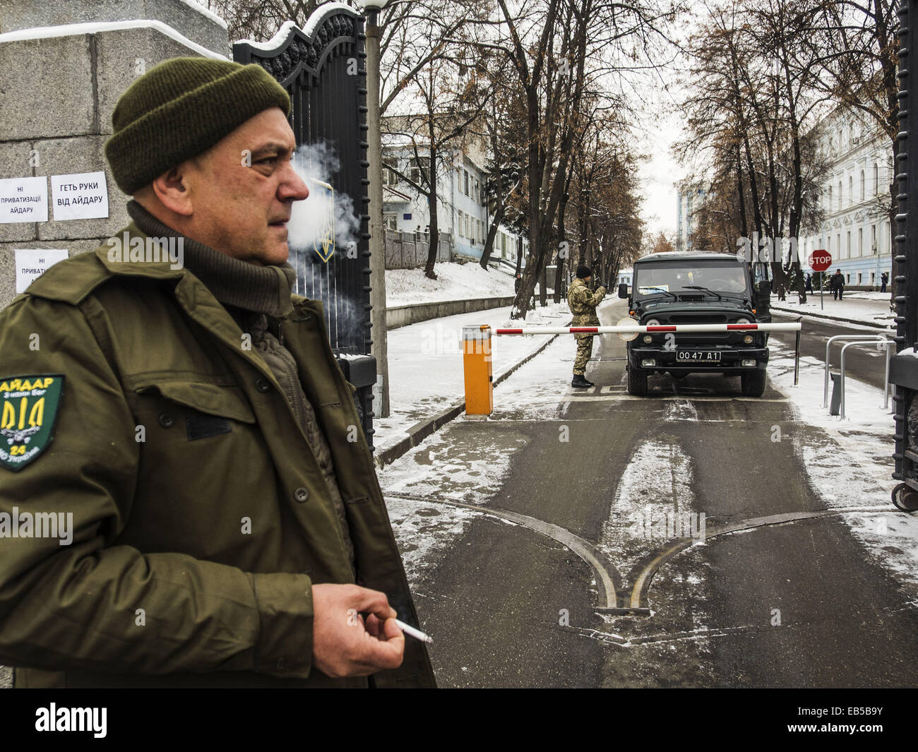 Nov. 26, 2014 - In connection with the election of Sergei Melnychuk people's deputy, instead acting battalion commander ''Aydar'' was appointed Sergei Fedorchenko. The decision was made with the support of the majority of the volunteer battalion. The appointment was formalized by the order and Sergey Fedorchenko assumed his duties..After that, contrary to current legislation and the will of the men appeared an order appointing the commander Eugene Ptashnik..Soldiers are concerned by this situation, and therefore it was decided to hold a rally. (Credit Image: © Igor Golovniov/ZUMA Wire) Stock Photo